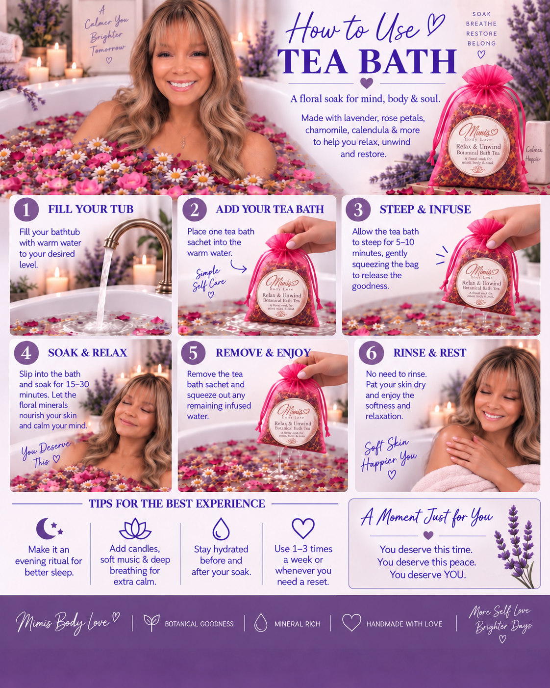 Relax & Unwind
Botanical Bath Tea
A floral soak for mind, body & soul.