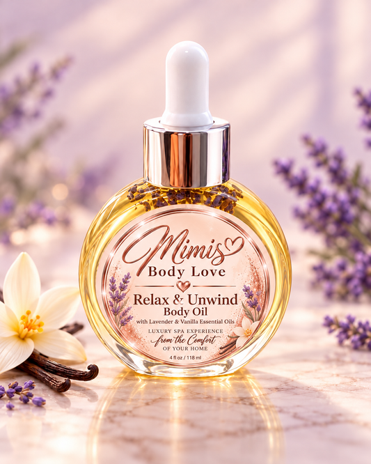Relax & Unwind Body oil made with Lavender & Vanilla Essential Oils
