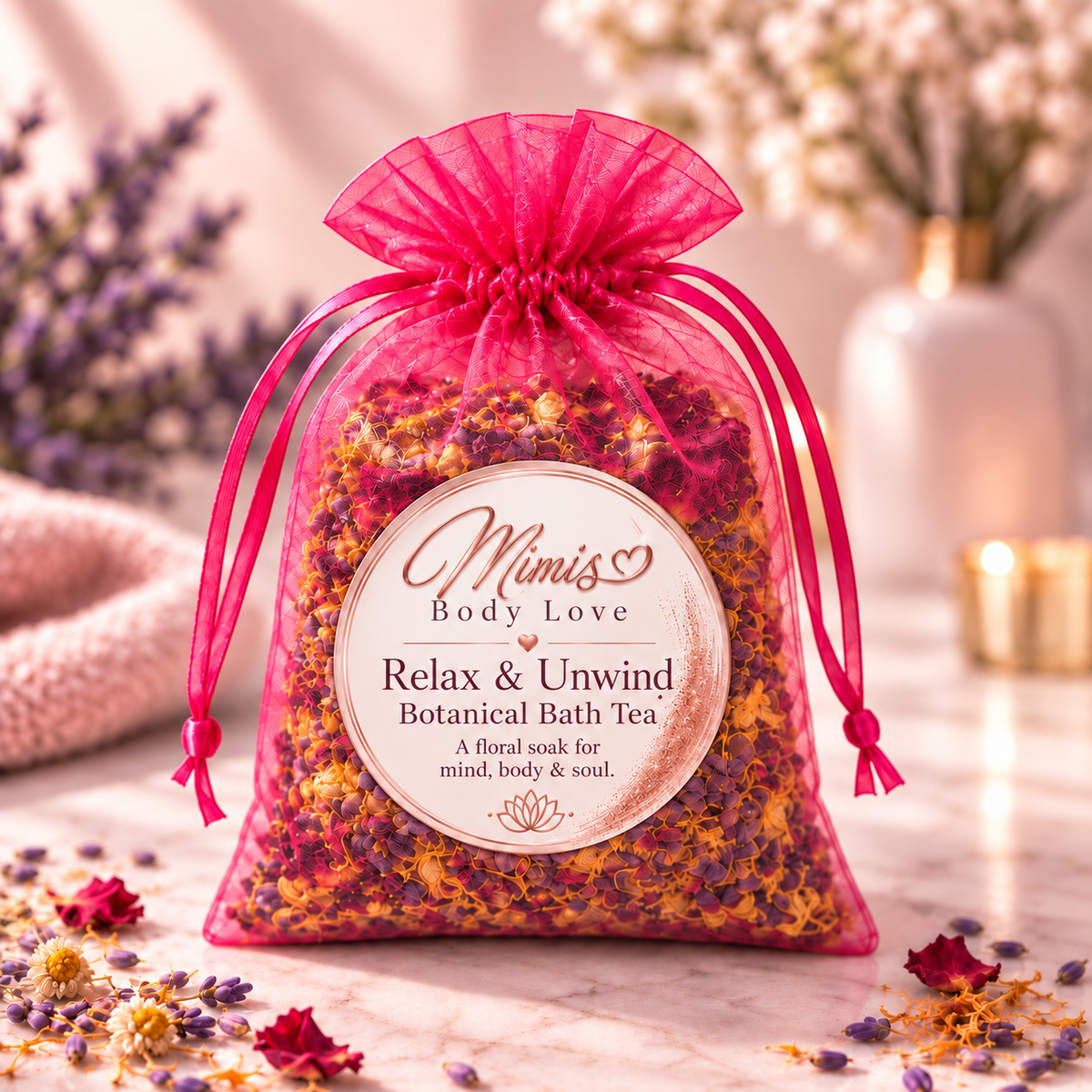 Relax & Unwind
Botanical Bath Tea
A floral soak for mind, body & soul.