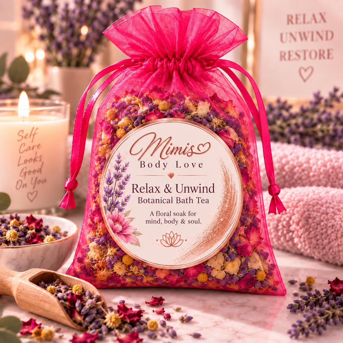 Relax & Unwind
Botanical Bath Tea
A floral soak for mind, body & soul.